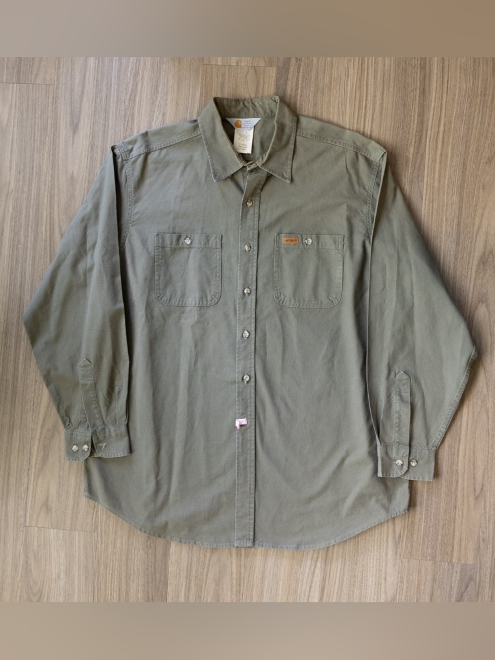 VTG Carhartt Olive Green Gray Long Sleeve Work Shirt Patina Made In USA Men’s XL